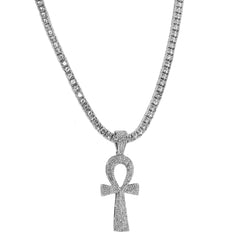 Cubic-Zirconia Thick Egyptian Ankh Pendant Silver Plated Tennis 18" Chain Choker