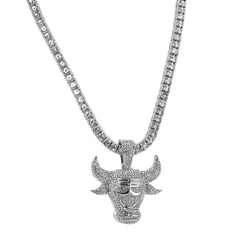 Cubic-Zirconia Thick Layer Bull Pendant Silver Plated Tennis 18" Chain Choker