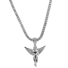 Cubic-Zirconia Thick Wing Angel Pendant Silver Plated Tennis 18" Chain Choker