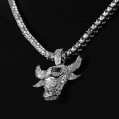 Cubic-Zirconia Thick Layer Bull Pendant Silver Plated Tennis 18" Chain Choker
