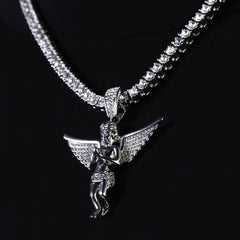 Cubic-Zirconia Thick Wing Angel Pendant Silver Plated Tennis 18" Chain Choker