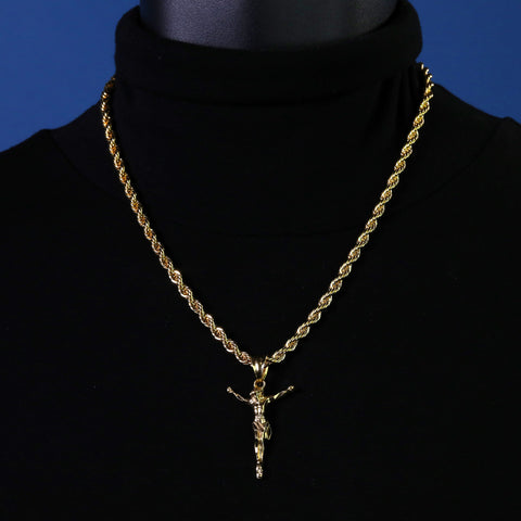 Jesus Crucifix Pendant Rope Chain 14k Gold Plated