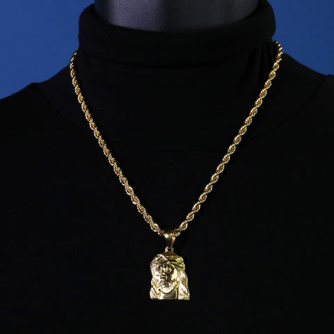 Jesus Wide Face Pendant Rope Chain 14k Gold Plated
