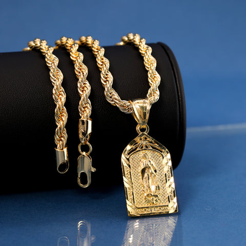 Virgin Mary Temple Pendant Rope Chain 14k Gold Plated