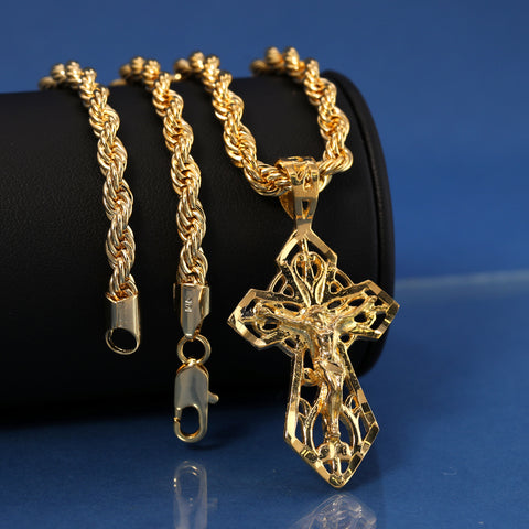 Sharp Hollow Cross Pendant Rope Chain 14k Gold Plated