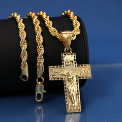 INRI Jesus Cross Pendant Rope Chain 14k Gold Plated