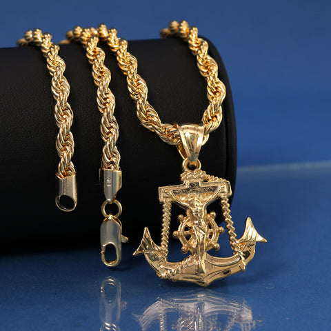 Anchor Jesus Pendant Rope Chain 14k Gold Plated
