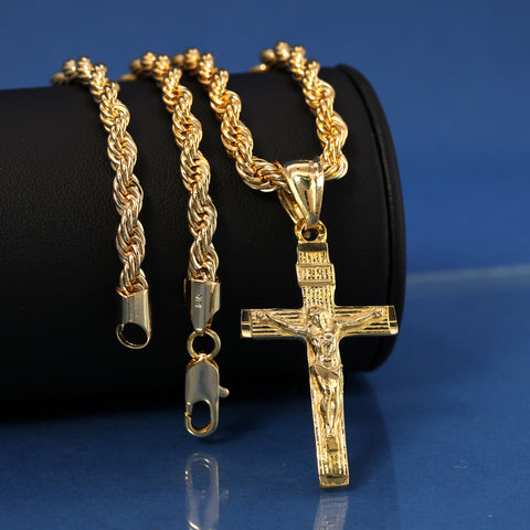 Jesus Cross Pendant S4 Rope Chain 14k Gold Plated