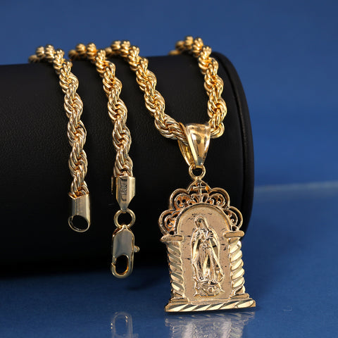 Chapel Virgin Mary Pendant Rope Chain 14k Gold Plated