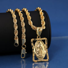 Hollow Virgin Mary Pendant Rope Chain 14k Gold Plated