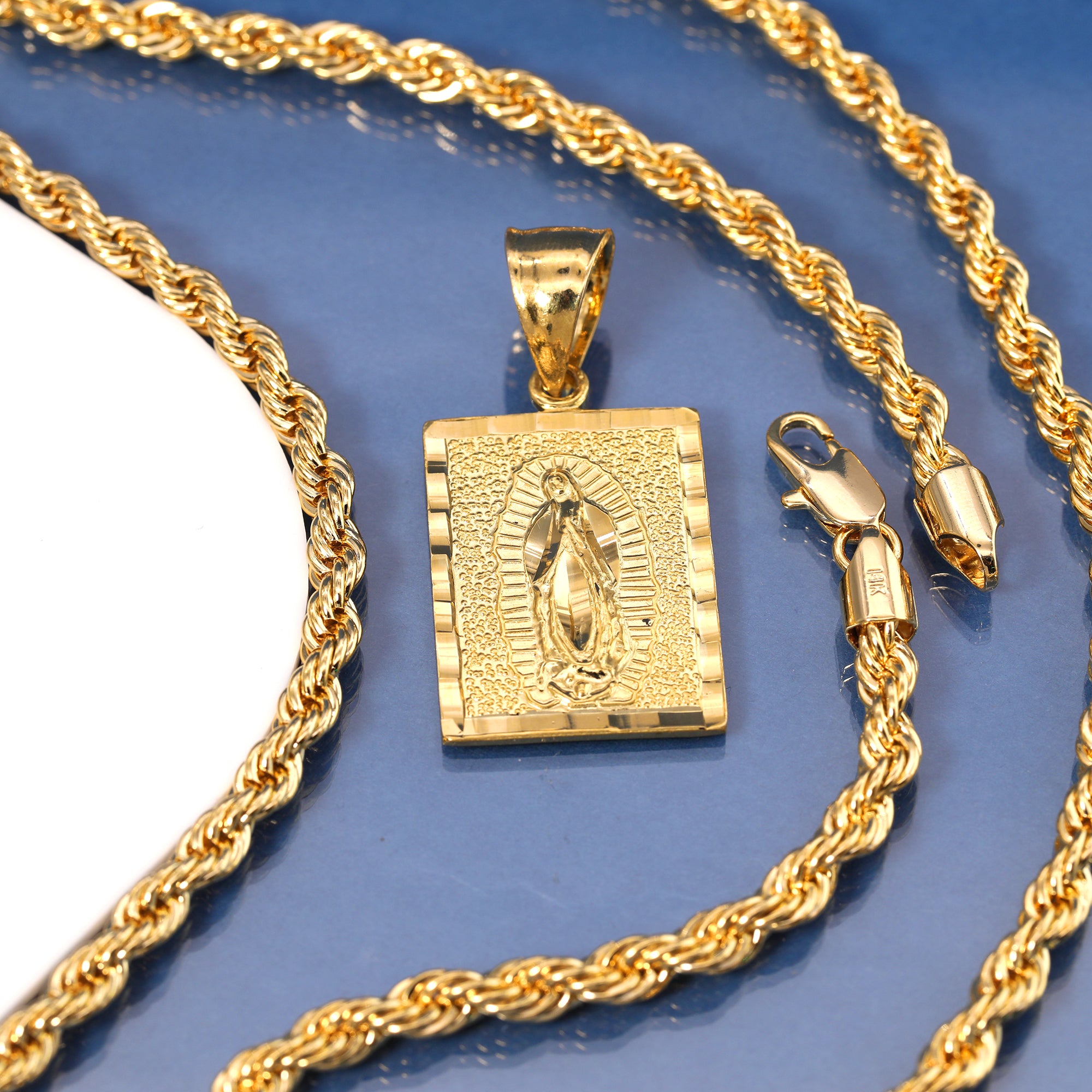 Block Virgin Mary Pendant Rope Chain 14k Gold Plated