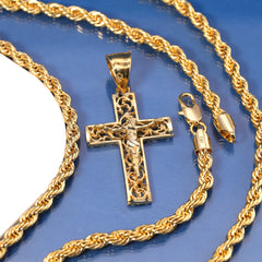 Jesus Hollow Cross Pendant Rope Chain 14k Gold Plated