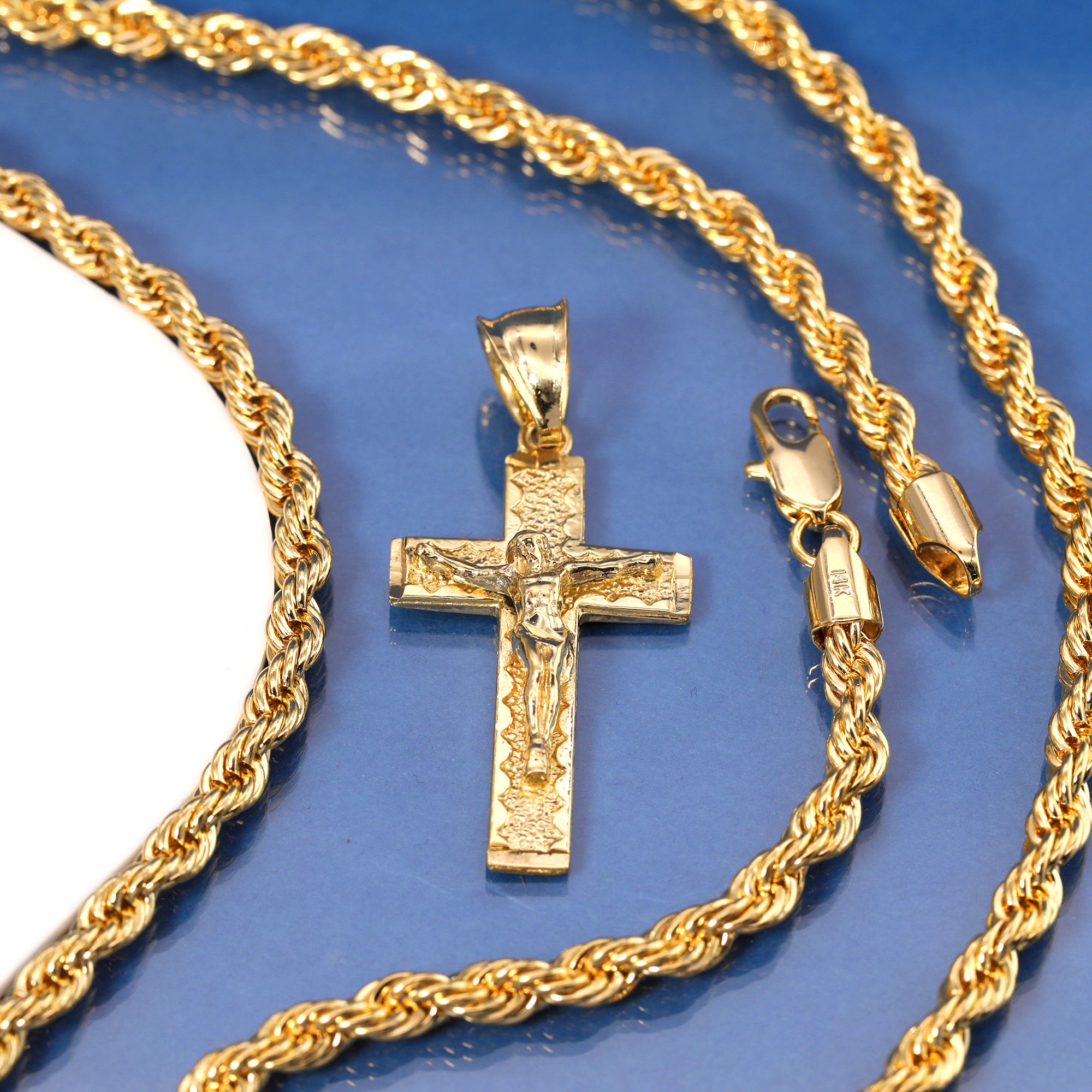 Nugget Jesus Cross Pendant Rope Chain 14k Gold Plated