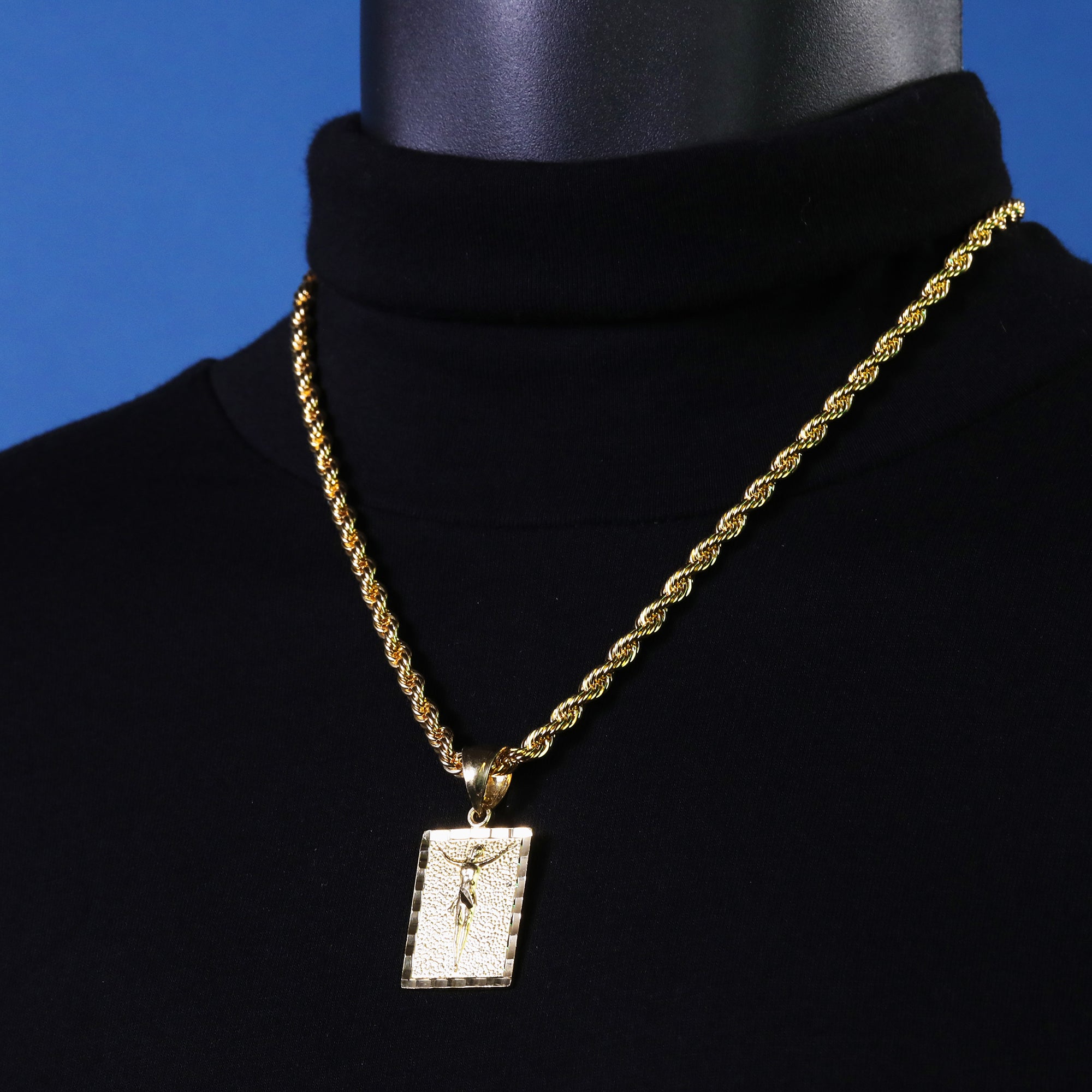 Square Jesus Pendant S4 Rope Chain 14k Gold Plated