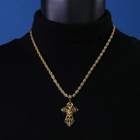 Sharp Hollow Cross Pendant Rope Chain 14k Gold Plated