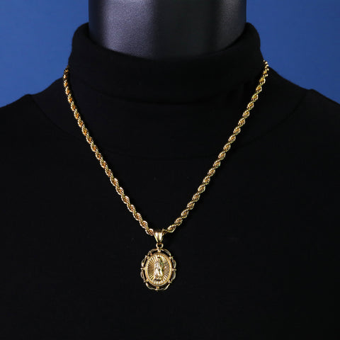 Hollow Round Virgin Mary Pendant Rope Chain 14k Gold Plated