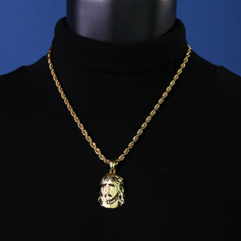 Jesus Thick Face Pendant Rope Chain 14k Gold Plated