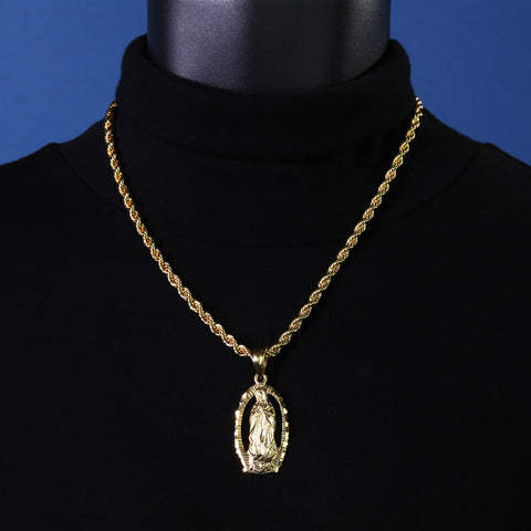 Hollow Virgin Mary Pendant Rope Chain 14k Gold Plated