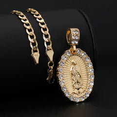 Catholic Guadalupe Wavy Pendant Cubic-Zirconia Gold Plated 18" Cuban Chain