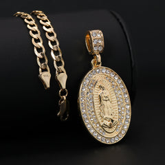 Catholic Guadalupe Oval Pendant Cubic-Zirconia Gold Plated 20" Cuban Chain Charm