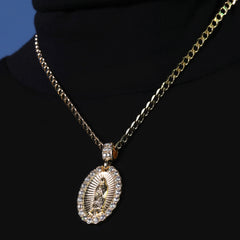 Catholic Guadalupe Wavy Pendant Cubic-Zirconia Gold Plated 18" Cuban Chain