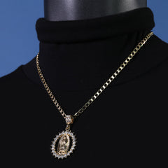 Catholic Spike Round Guadalupe Pendant Cubic-Zirconia Gold Plated 20 Cuban Chain