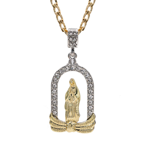 Catholic Chapel Guadalupe Pendant Cubic-Zirconia Gold Plated 20" Cuban Chain