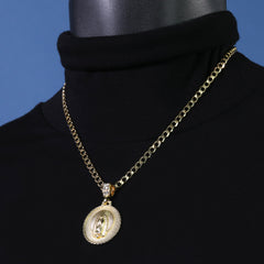 Catholic Round Web Guadalupe Pendant Cubic-Zirconia Gold Plated 20" Cuban Chain