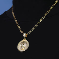 Catholic Round Web Guadalupe Pendant Cubic-Zirconia Gold Plated 20" Cuban Chain