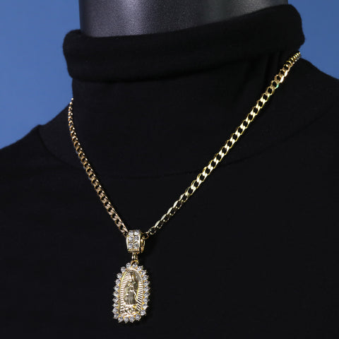 Catholic Spike Oval Guadalupe Pendant Cubic-Zirconia Gold Plated 20" Cuban Chain