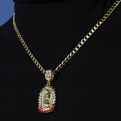 Catholic Color Oval Guadalupe Pendant Cubic-Zirconia Gold Plated 20" Cuban Chain