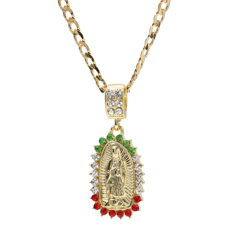 Catholic Color Oval Guadalupe Pendant Cubic-Zirconia Gold Plated 20" Cuban Chain