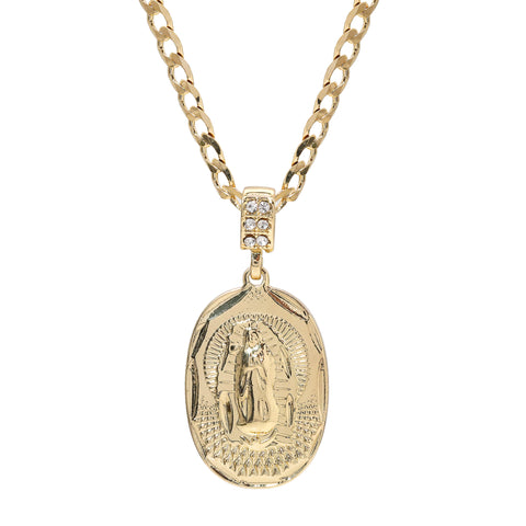 Catholic Oval Guadalupe Pendant Cubic-Zirconia Gold Plated 20" Cuban Chain