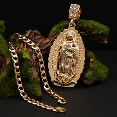 Catholic Oval Wavy Guadalupe Pendant Cubic-Zirconia Gold Plated 20" Cuban Chain