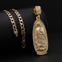 Catholic Long Oval Guadalupe Pendant Cubic-Zirconia Gold Plated 20" Cuban Chain