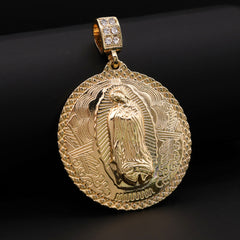 Catholic Round Huge Guadalupe Pendant Cubic-Zirconia Gold Plated 20" Cuban Chain