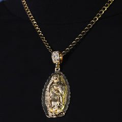 Catholic Oval Wavy Guadalupe Pendant Cubic-Zirconia Gold Plated 20" Cuban Chain