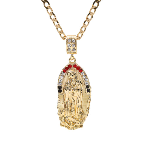 Catholic Oval Guadalupe Color Pendant Cubic-Zirconia Gold Plated 20" Cuban Chain