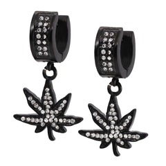 Cubic-Zirconia Black Stainless Steal 2 Row Marijuana Huggie Hoop Dangle Earrings