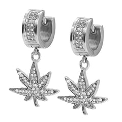 Cubic-Zirconia Silver Stainless Steal 2 Row Marijuana Huggie Hoop Dangle Earrings