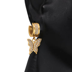 Cubic-Zirconia Gold Stainless Steal 2 Row Butterfly Huggie Hoop Dangle Earrings