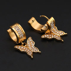 Cubic-Zirconia Gold Stainless Steal 2 Row Butterfly Huggie Hoop Dangle Earrings