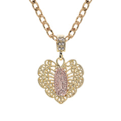 Catholic Heart Guadalupe Pendant Cubic-Zirconia Gold Plated 20" Cuban Chain