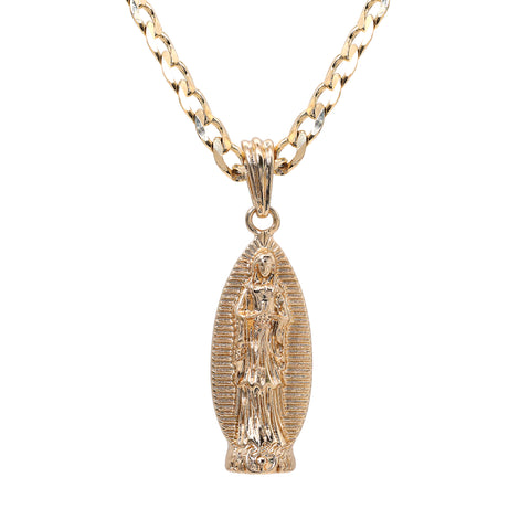 Catholic Thin Oval Guadalupe Pendant Cubic-Zirconia Gold Plated 20" Cuban Chain