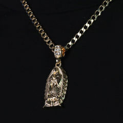 Catholic Thick Oval Guadalupe Pendant Cubic-Zirconia Gold Plated 20" Cuban Chain