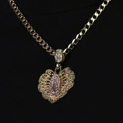 Catholic Heart Guadalupe Pendant Cubic-Zirconia Gold Plated 20" Cuban Chain