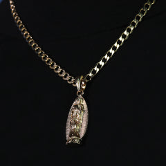 Catholic Thin Oval Guadalupe Pendant Cubic-Zirconia Gold Plated 20" Cuban Chain