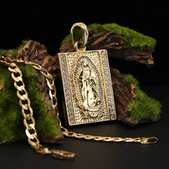 Catholic Square Guadalupe Pendant Cubic-Zirconia Gold Plated 18" Cuban Chain