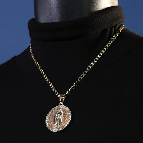 Catholic Round Gold Guadalupe Pendant Cubic-Zirconia Gold Plated 18" Cuban Chain