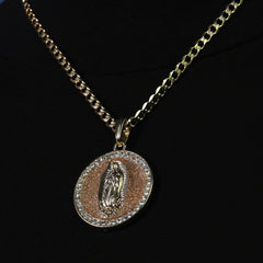 Catholic Round Gold Guadalupe Pendant Cubic-Zirconia Gold Plated 18" Cuban Chain